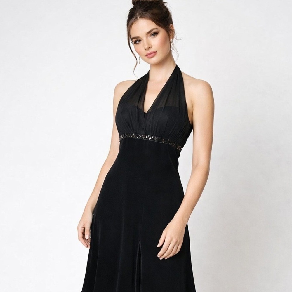 Vintage 90s Blondie Nites Black Halter Dress Y2K Beaded Empire Cocktail Party S